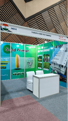 Side view of the Seed Primer stand with product banners at Agritec Africa 2026