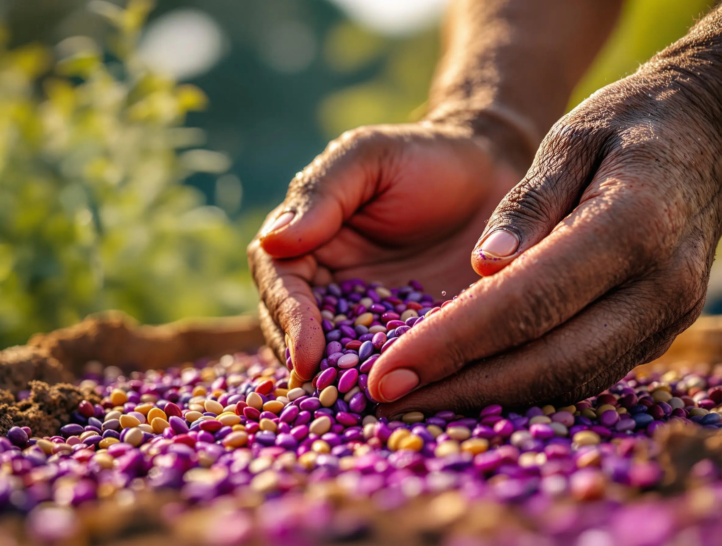 Close-up of farmer's hands holding colorful seeds showing the diversity of crops