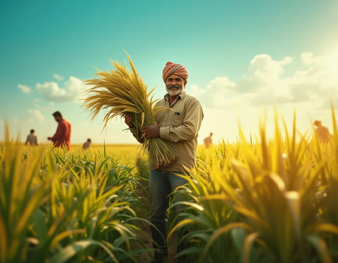 Proud farmer holding harvested wheat crops in a golden field